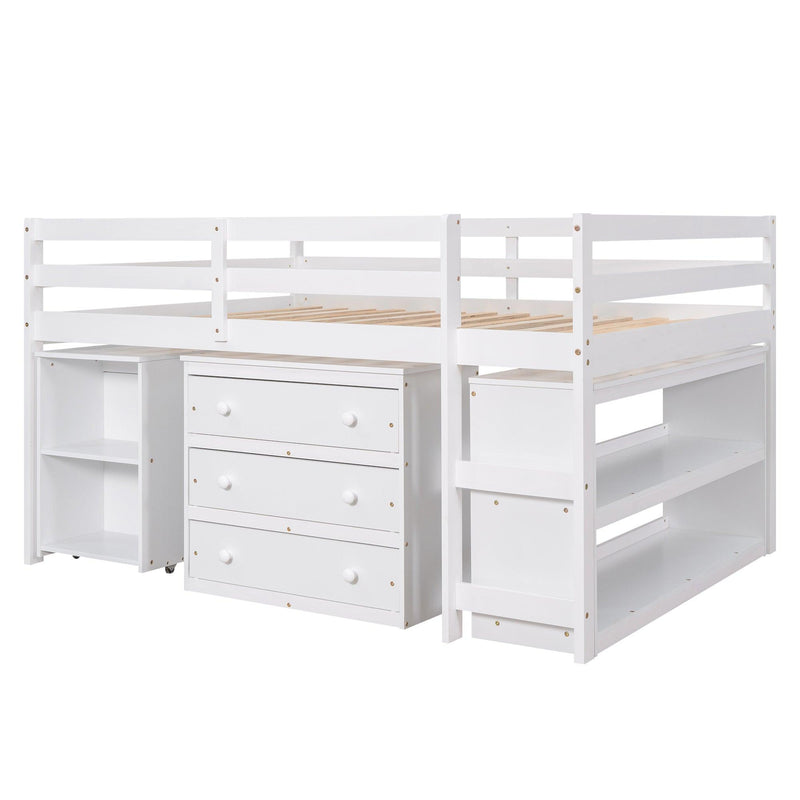 Low Study Full Loft Bed with Cabinet ,Shelves and Rolling Portable Desk ,Multiple Functions Bed- White - Urban Living Furniture (Los Angeles, CA)