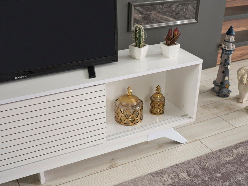 Luxia Mid CenturyModern Tv Stand 2 Sliding Door Cabinet 2 Shelves 67 inch Tv Uni, White