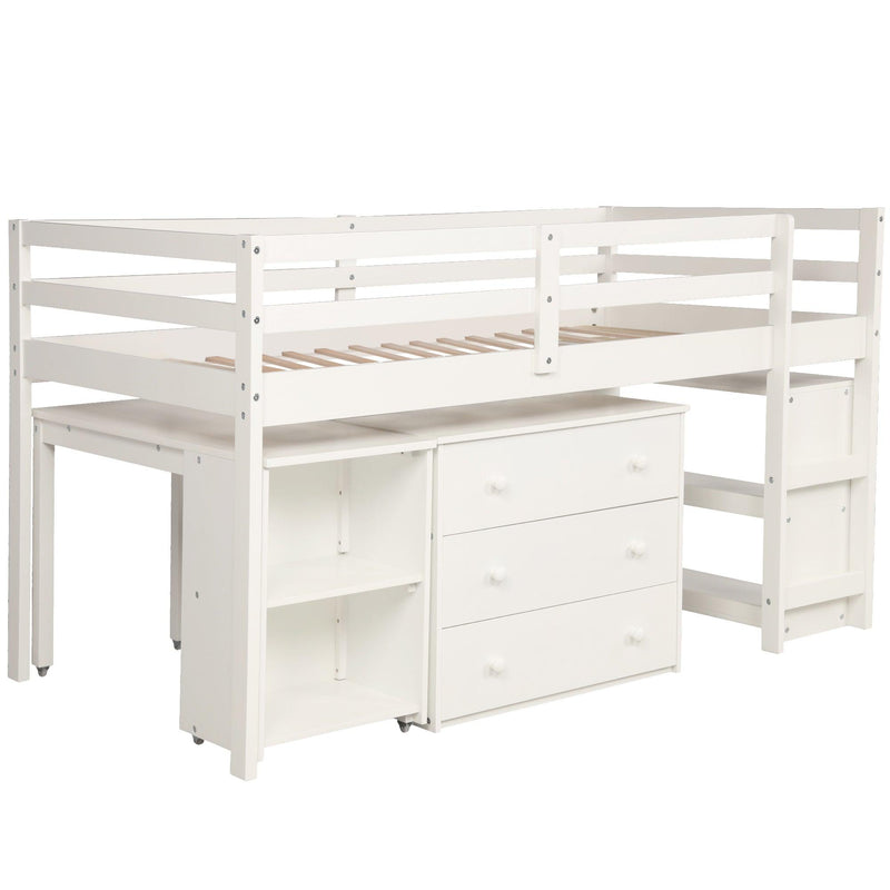 Low Study Twin Loft Bed with Cabinet and Rolling Portable Desk - White - Urban Living Furniture (Los Angeles, CA)