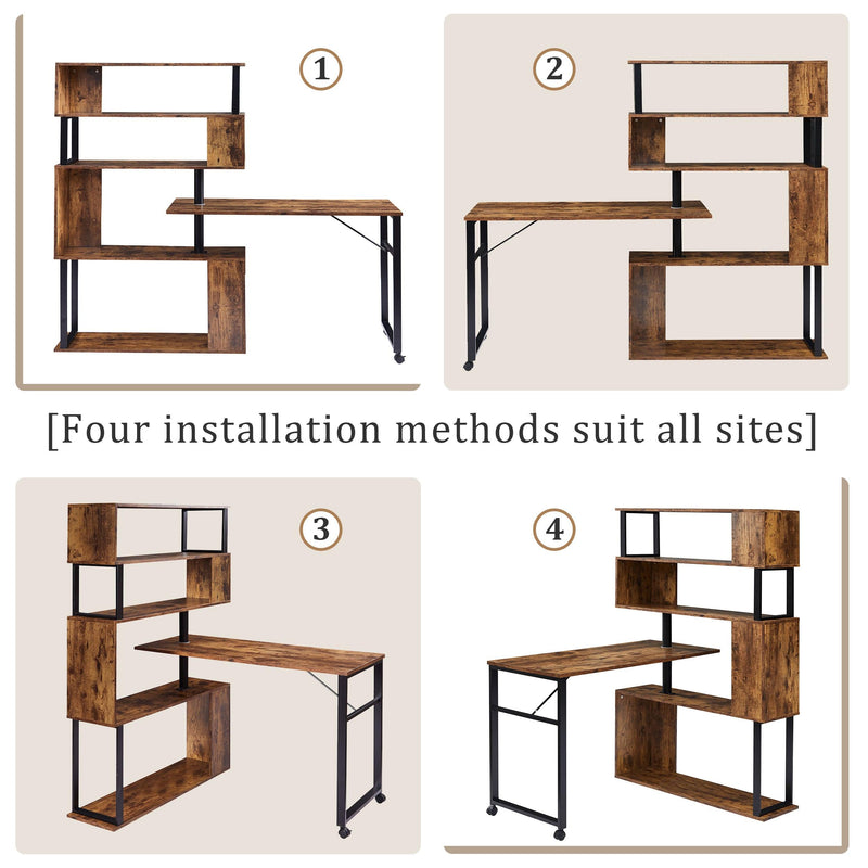 Home Office Computer Desk L-Shaped Corner Table, Rotating Computer Table with 5-Tier Bookshelf, Four Installation Methods, Lockable Casters (Tiger)