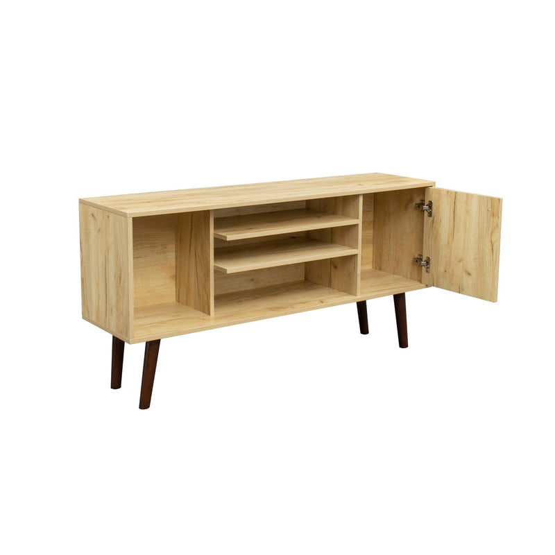 Mid-Century TV Stand for TVs up to 60 Inches, Entertainment Center with OpenStorage Shelves & Cabinet,Modern TV Console for Living Room, Rustic Oak.