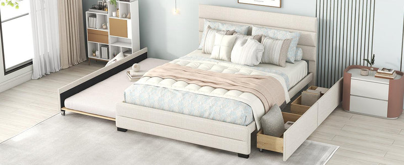 Queen Upholstered Platform Bed with Twin Size Trundle and Two Drawers, Beige - Urban Living Furniture (Los Angeles, CA)