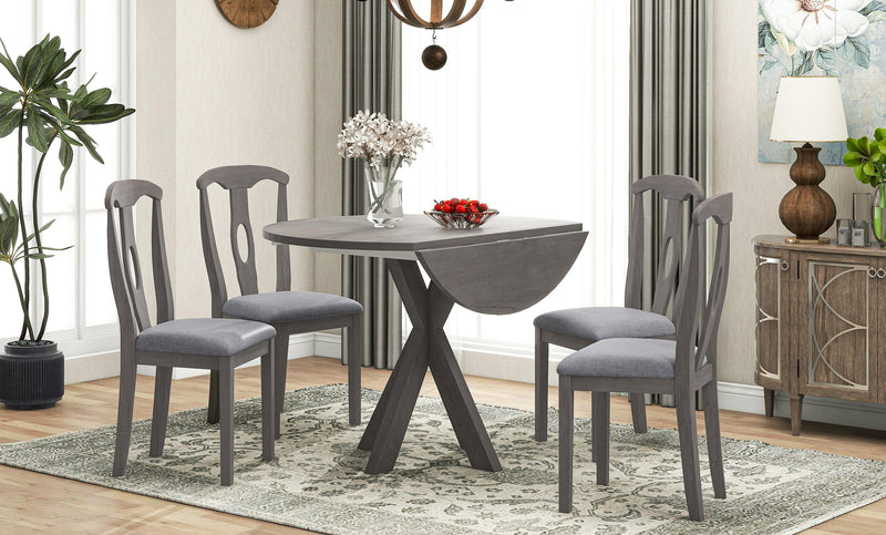 Rustic Farmhouse 5-Piece Wood Round Dining Table Set for 4, Kitchen Furniture with Drop Leaf and 4 Padded Dining Chairs for Small Places, Grey