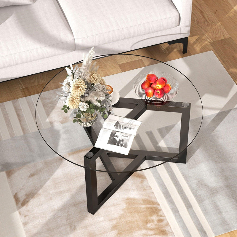 Round Glass Coffee TableModern Cocktail Table Easy Assembly with Tempered Glass Top & Sturdy Wood Base (Black) - Urban Living Furniture (Los Angeles, CA)