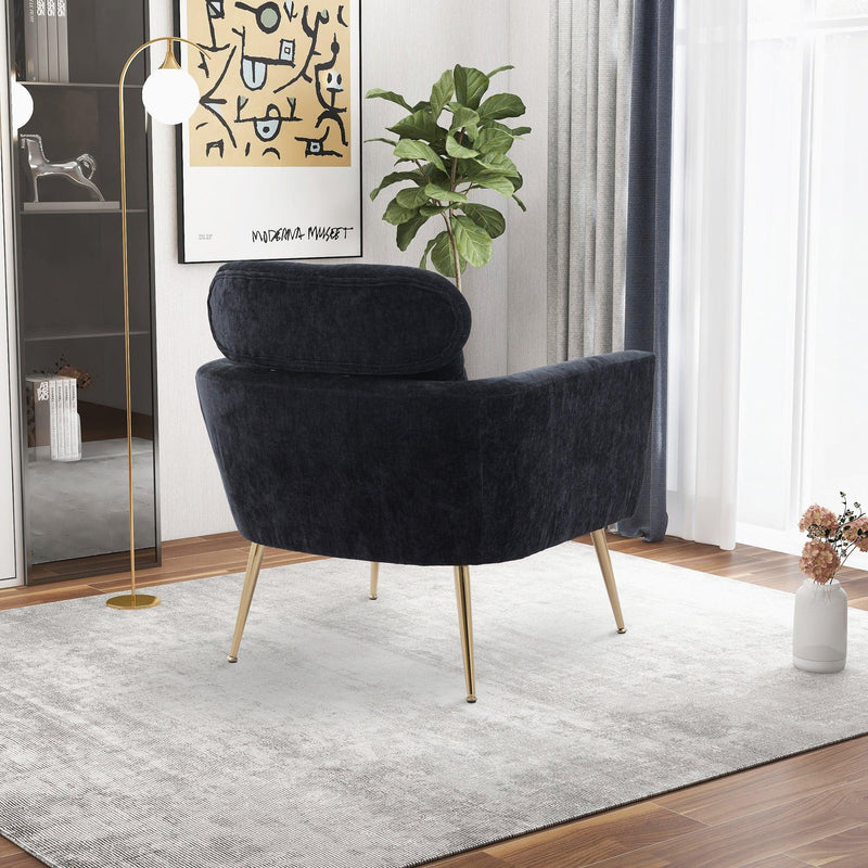 29.5"WModern Chenille Accent Chair Armchair Upholstered Reading Chair Single Sofa Leisure Club Chair with Gold Metal Leg and Throw Pillow for Living Room Bedroom Dorm Room Office, Black Chenille - Urban Living Furniture (Los Angeles, CA)