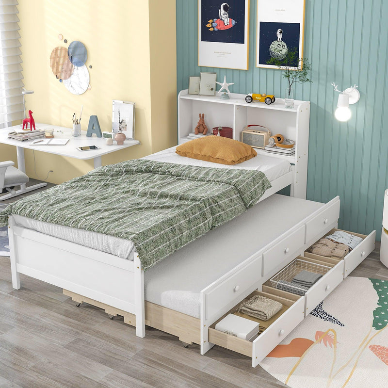 Twin Bed with Bookcase,Twin Trundle,Drawers,White - Urban Living Furniture (Los Angeles, CA)