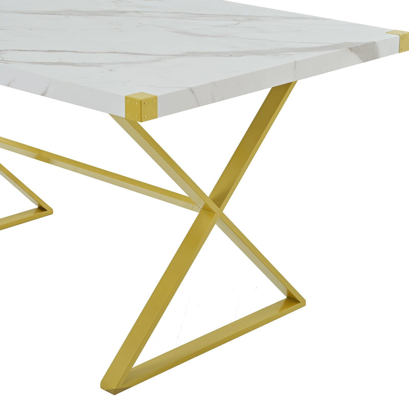 7-PieceModern Dining Table Set, Rectangular Marble Texture Kitchen Table and 6 PU leather Chairs with X-Shaped Gold Steel Pipe Legs for Dining Room (White) - Urban Living Furniture (Los Angeles, CA)