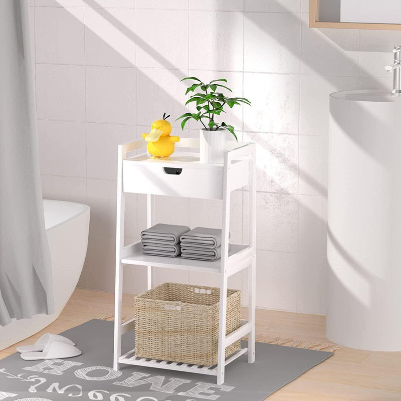 Bathroom Shelves, 3 Tier Ladder Shelf with Drawers, Bamboo Nightstand Open Shelving, Bookshelf Bookcase End Table Plant Stand for Living Room, Bedroom, Bathroom, Kitchen (White) - Urban Living Furniture (Los Angeles, CA)