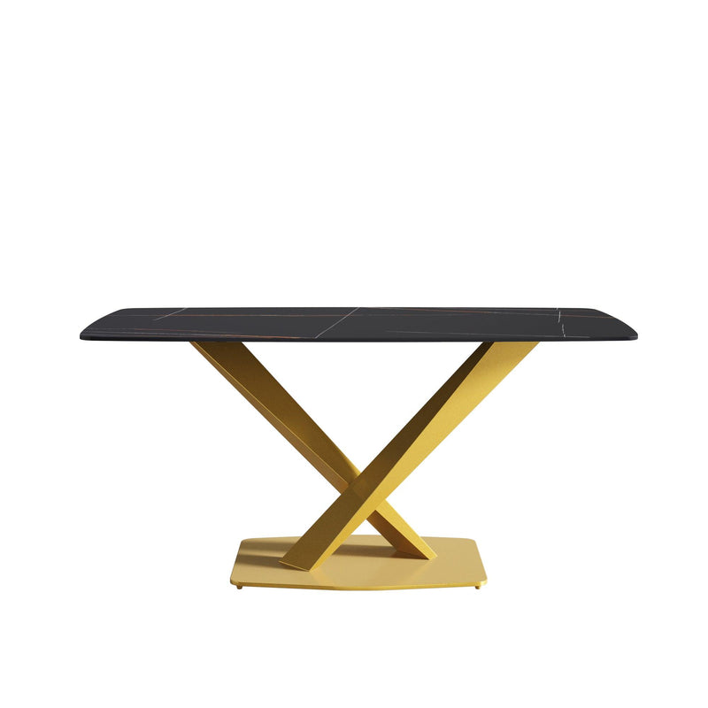 63"Modern artificial stone black curved golden metal leg dining table -6 people