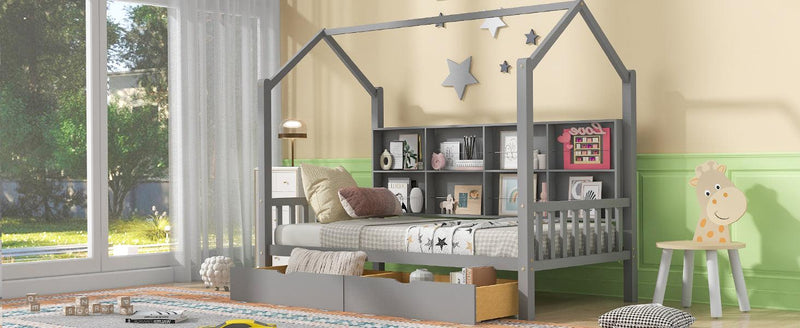 Wooden Twin Size House Bed with 2 Drawers,Kids Bed withStorage Shelf, Gray - Urban Living Furniture (Los Angeles, CA)