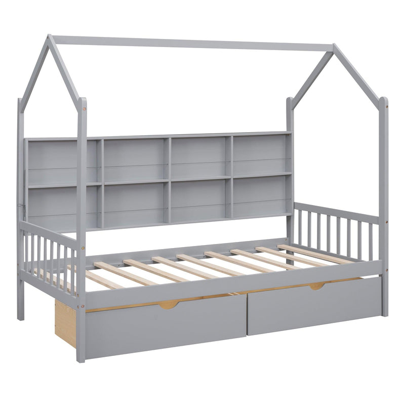 Wooden Twin Size House Bed with 2 Drawers,Kids Bed withStorage Shelf, Gray - Urban Living Furniture (Los Angeles, CA)