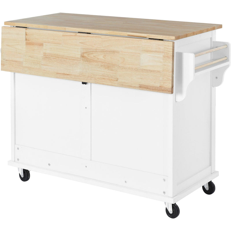 Kitchen Cart with Rubber wood Drop-Leaf Countertop, Concealed sliding barn door adjustable height,Kitchen Island on 4 Wheels withStorage Cabinet and 2 Drawers,L52.2xW30.5xH36.6 inch, White