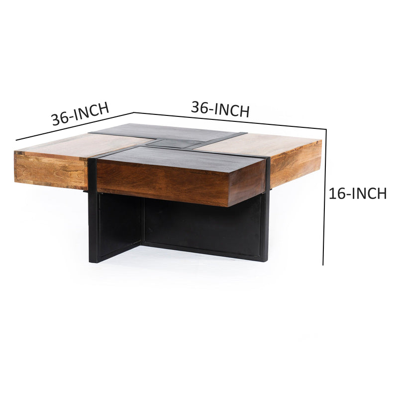 36 Inch Handcrafted Square ManWood Coffee Table, Iron Frame, Cherry, Natural, Black