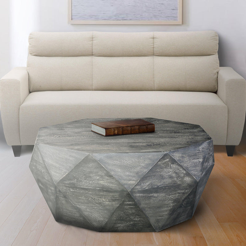 Ashton 34 Inch Handcrafted ManWood Coffee Table, Faceted Diamond Design, Drum Shape, Rustic Gray - Urban Living Furniture (Los Angeles, CA)