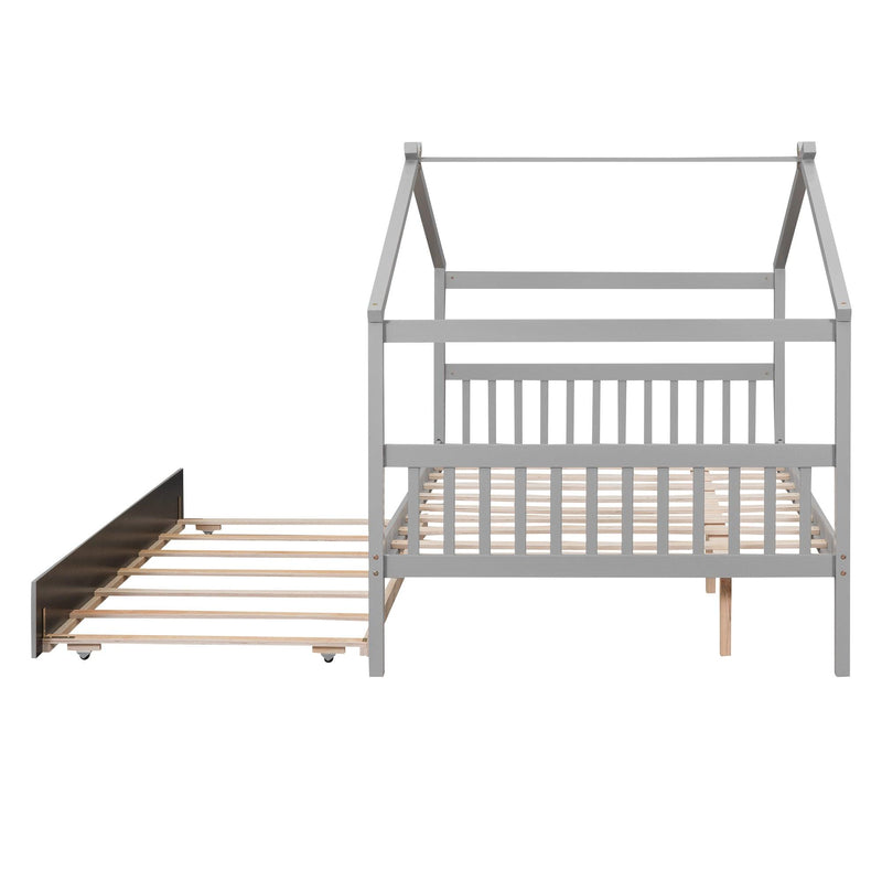 Full Size Wooden House Bed with Twin Size Trundle, Gray - Urban Living Furniture (Los Angeles, CA)