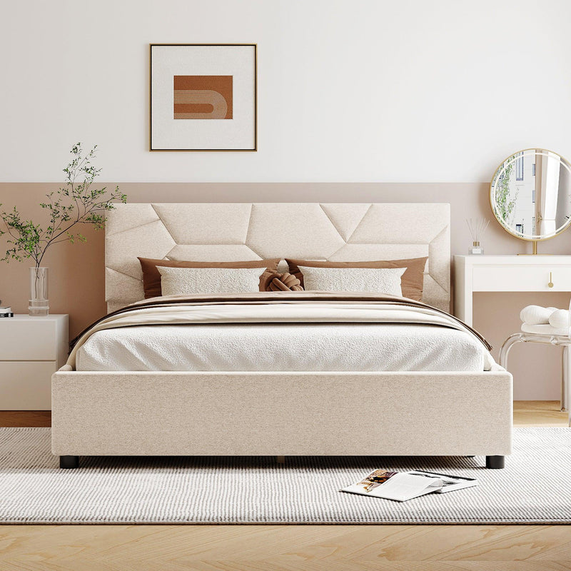 Queen Size Upholstered Platform Bed with Brick Pattern Heardboard and 4 Drawers, Linen Fabric, Beige - Urban Living Furniture (Los Angeles, CA)