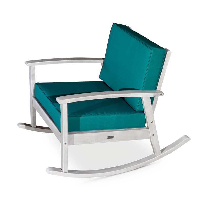 Eucalyptus Rocking Chair with Cushions, Silver Gray Finish, Dark Green Cushions