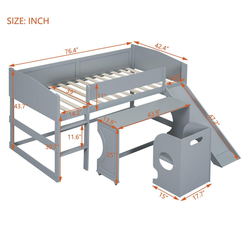 Low Study Twin Loft Bed with Rolling Portable Desk and Chair,Multiple Functions Bed- Gray