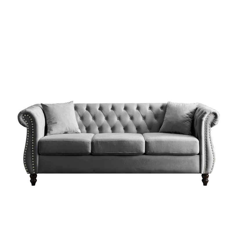 80" Chesterfield Sofa Grey Velvet for Living Room, 3 Seater Sofa Tufted Couch with Rolled Arms and Nailhead for Living Room, Bedroom, Office, Apartment, two pillows - Urban Living Furniture (Los Angeles, CA)