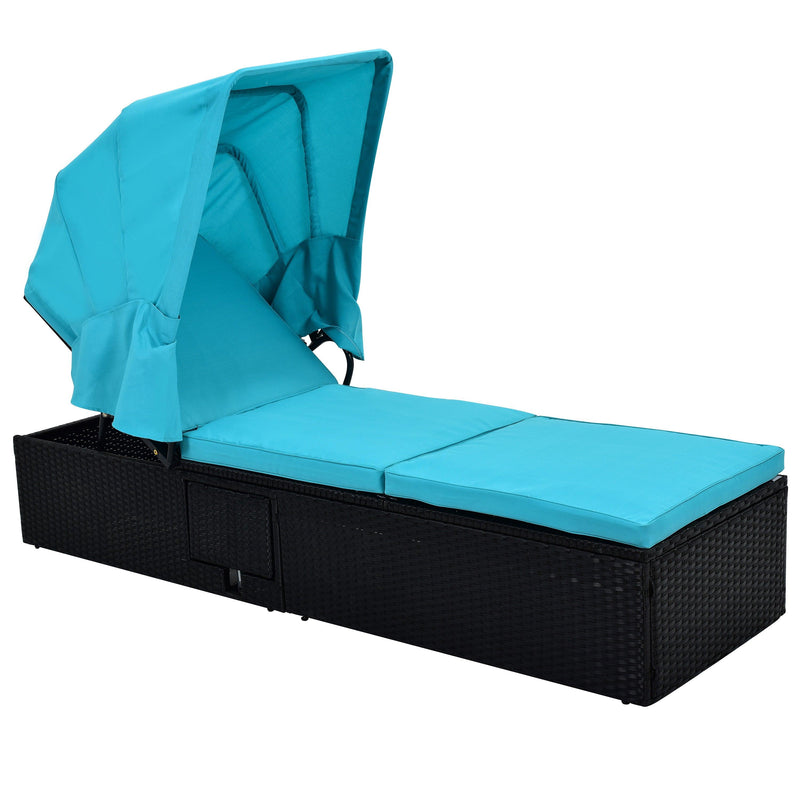 76.8" Long Reclining Single Chaise Lounge with Cushions,Canopy and Cup Table, Black Wicker+ Blue Cushion, Set of 2