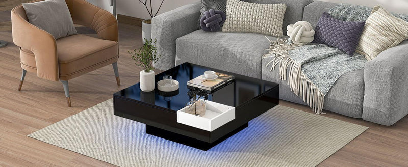 Modern Minimalist Design 31.5*31.5in Square Coffee Table with Detachable Tray and Plug-in 16-color LED Strip Lights Remote Control for Living Room - Urban Living Furniture (Los Angeles, CA)