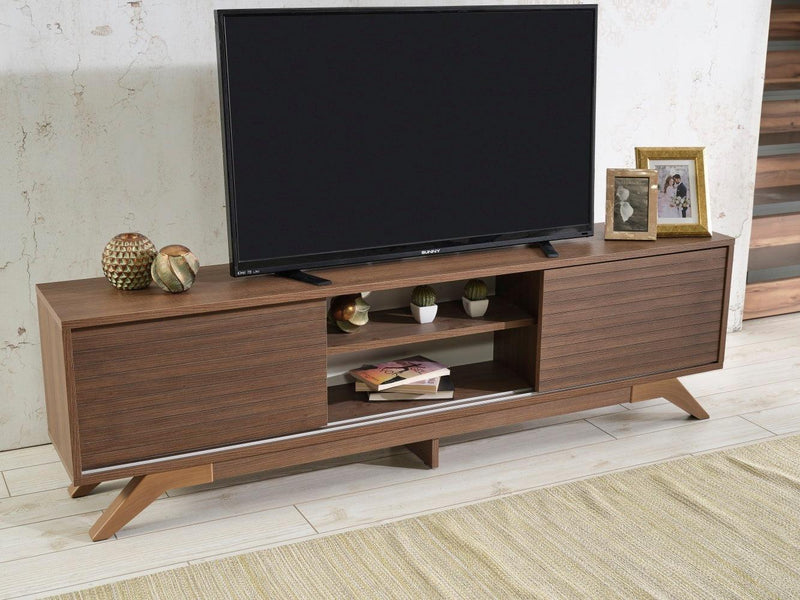 Luxia Mid CenturyModern Tv Stand 2 Sliding Door Cabinet 2 Shelves 67 inch Tv Unit, Walnut - Urban Living Furniture (Los Angeles, CA)