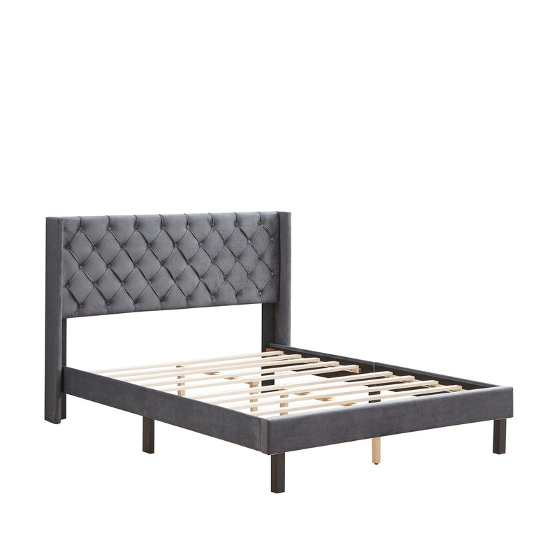 Velvet Button Tufted-Upholstered Bed with Wings Design - Strong Wood Slat Support - Easy Assembly - Gray, Queen, platform bed - Urban Living Furniture (Los Angeles, CA)