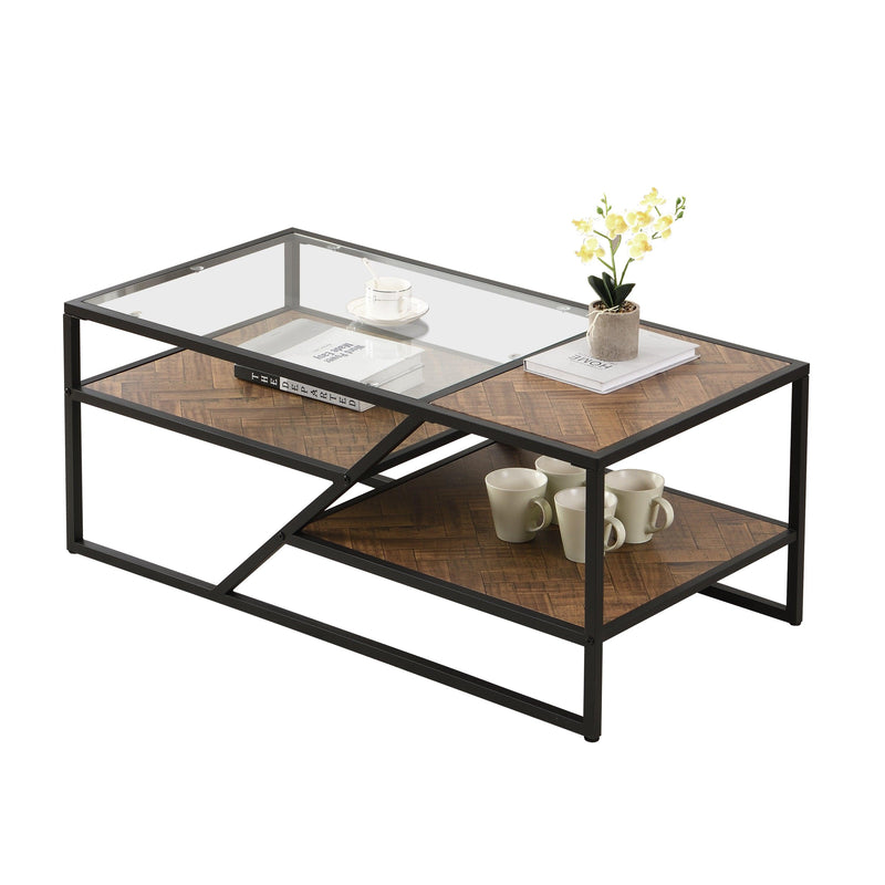 Black Coffee Table withStorage Shelf, Tempered Glass Coffee Table with Metal Frame for Living Room&Bedroom - Urban Living Furniture (Los Angeles, CA)