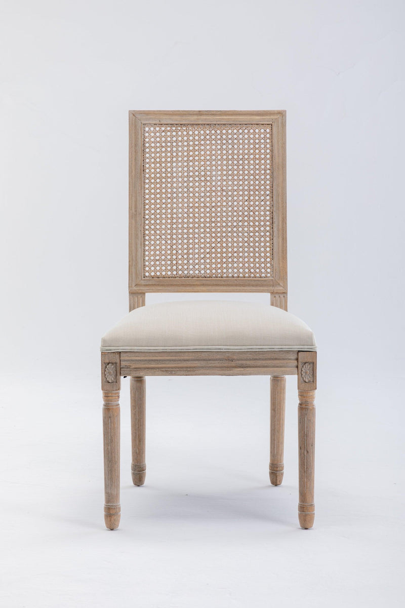 French Style Solid Wood Frame Linen Fabric Antique Painting Rattan Back Dining Chair ,Seat of 2,Cream