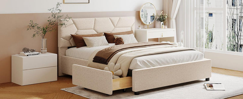 Queen Size Upholstered Platform Bed with Brick Pattern Heardboard and 4 Drawers, Linen Fabric, Beige - Urban Living Furniture (Los Angeles, CA)