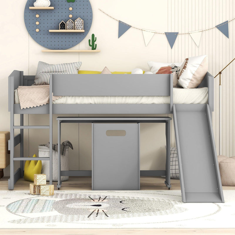 Low Study Twin Loft Bed with Rolling Portable Desk and Chair,Multiple Functions Bed- Gray - Urban Living Furniture (Los Angeles, CA)