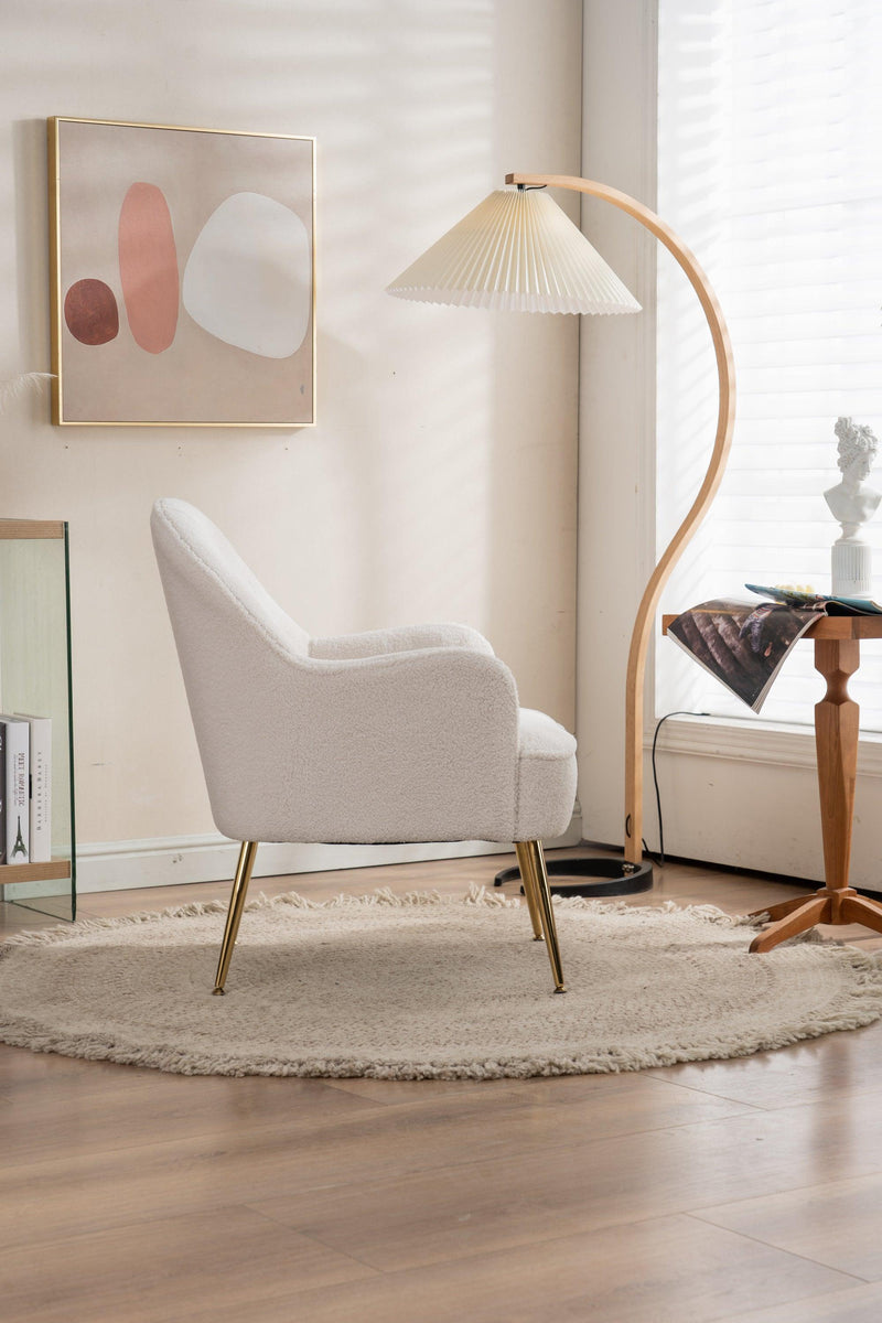 Modern Soft White Teddy fabric Ivory Ergonomics Accent Chair Living Room Chair Bedroom Chair Home Chair With Gold Legs And Adjustable Legs For Indoor Home - Urban Living Furniture (Los Angeles, CA)