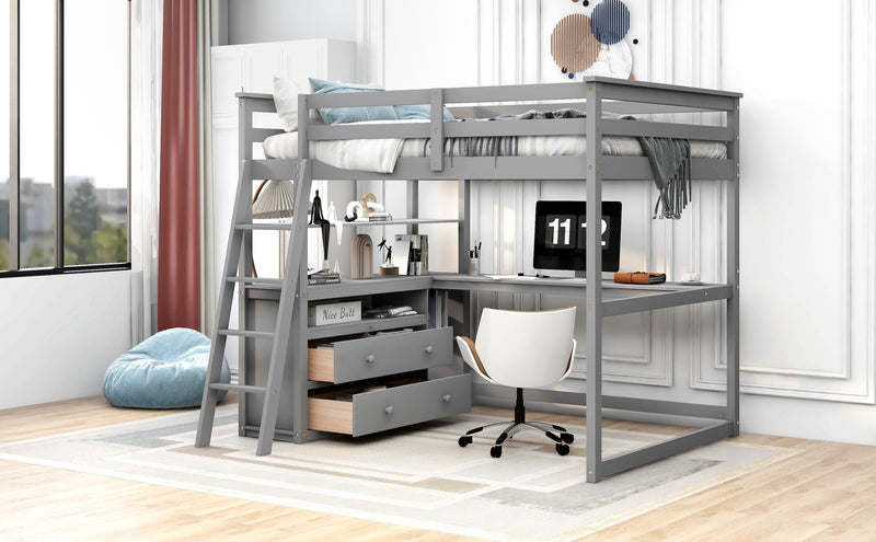 Full Size Loft Bed with Desk and Shelves,Two Built-in Drawers,Gray - Urban Living Furniture (Los Angeles, CA)