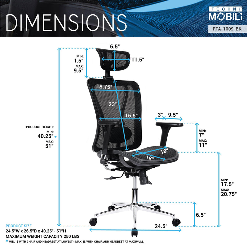 Techni Mobili High Back Executive Mesh Office Chair with Arms, Headrest and Lumbar Support , Black - Urban Living Furniture (Los Angeles, CA)