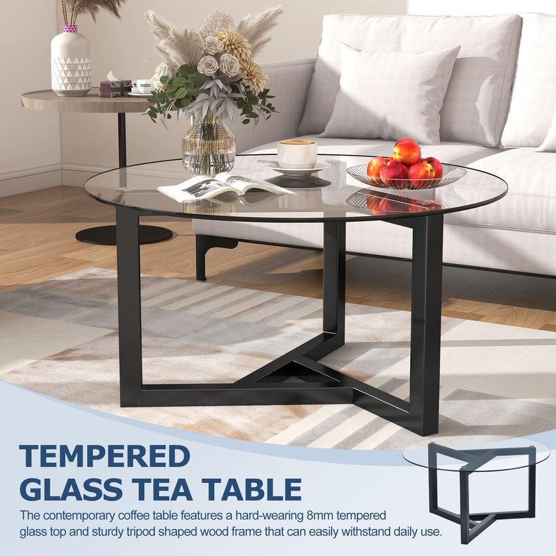 Round Glass Coffee TableModern Cocktail Table Easy Assembly with Tempered Glass Top & Sturdy Wood Base (Black) - Urban Living Furniture (Los Angeles, CA)