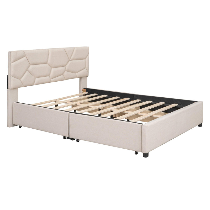 Full Size Upholstered Platform Bed with Brick Pattern Heardboard and 4 Drawers, Linen Fabric, Beige