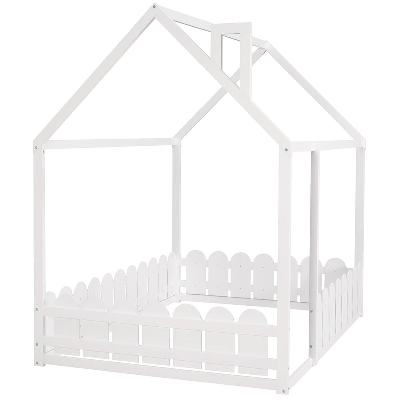 Full  Size Wood Bed House Bed Frame with Fence, for Kids, Teens, Girls, Boys (White )