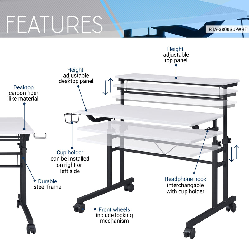 Techni Mobili Rolling Writing Desk with Height Adjustable Desktop and Moveable Shelf, White - Urban Living Furniture (Los Angeles, CA)