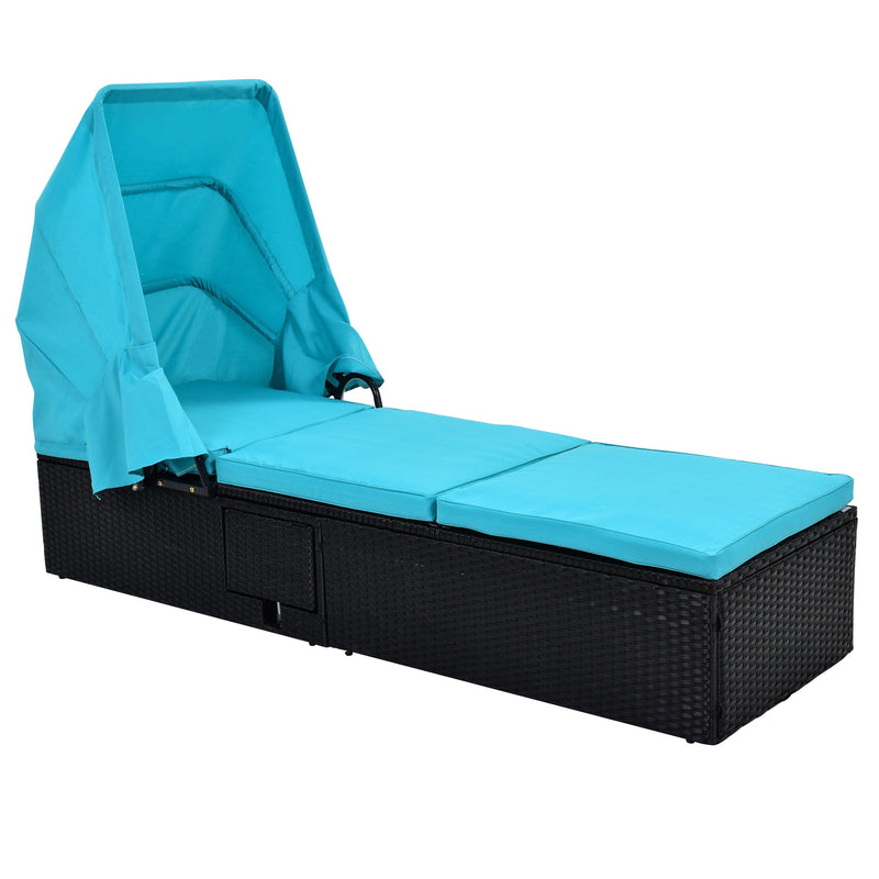 76.8" Long Reclining Single Chaise Lounge with Cushions,Canopy and Cup Table, Black WickerandBlue Cushion