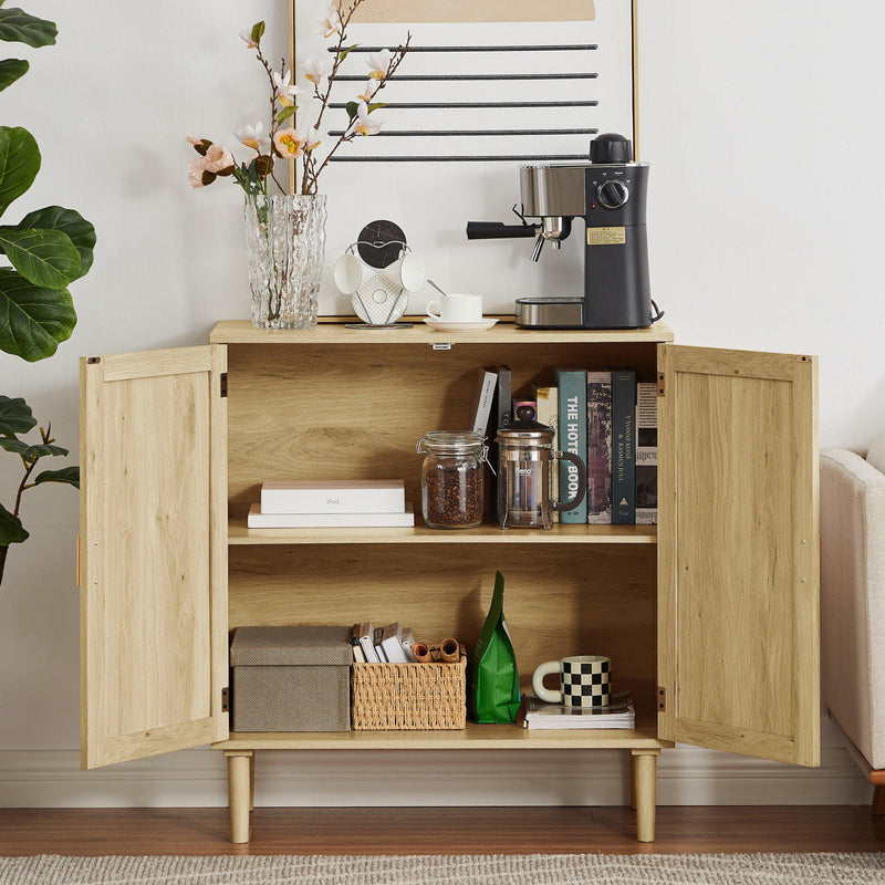 Mid-Century 2-Door Accent Chest, WoodStorage Cabinet with Shelf and Fabric Covered Panels（Natural，31.5''w x 15.8''d x 34.6"h）. - Urban Living Furniture (Los Angeles, CA)