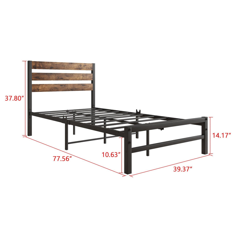 Twin Size Platform Bed Frame with Rustic Vintage Wood Headboard, Strong Metal Slats Support Mattress Foundation, No Box Spring Needed Rustic Brown