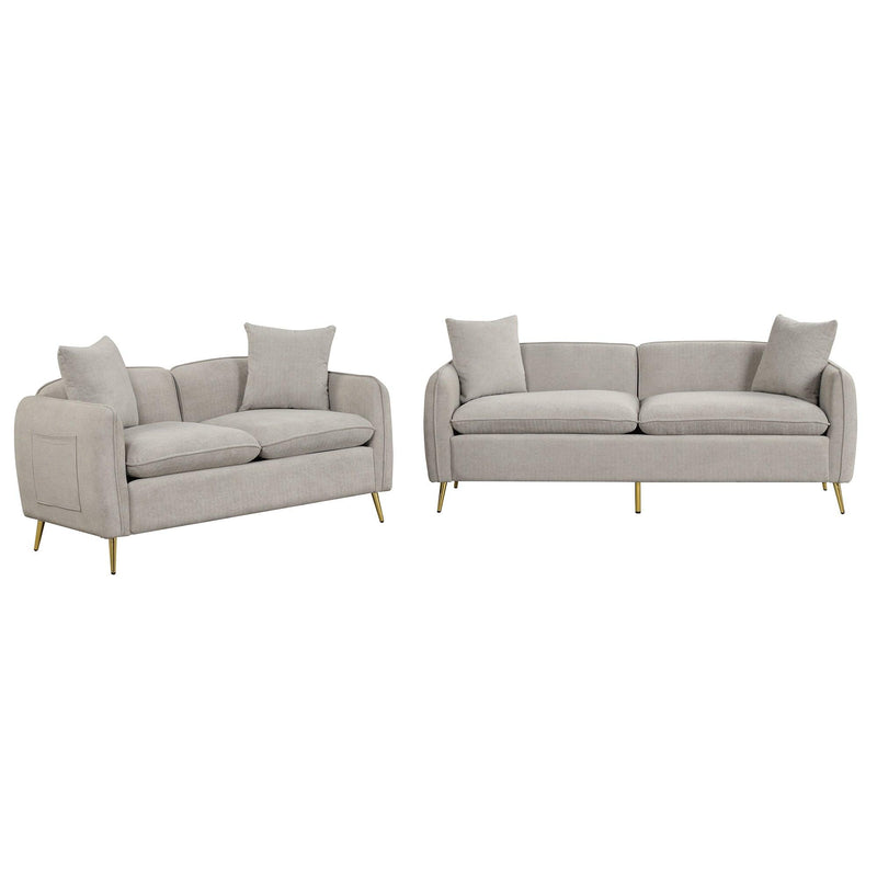 2 Piece Velvet Upholstered Sofa Sets,Loveseat and 3 Seat Couch Set Furniture with 2 Pillows and lden Metal Legs for Different Spaces,Living Room,Apartment,Gray