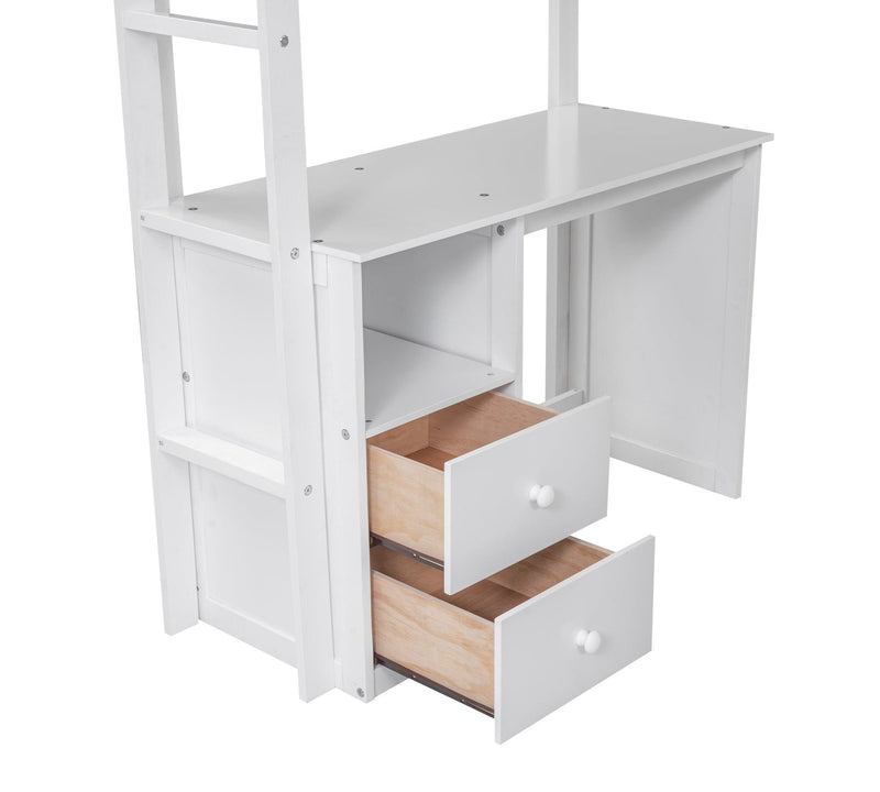 Wood Twin Size Loft Bed with Wardrobes and 2-Drawer Desk with Cabinet, White - Urban Living Furniture (Los Angeles, CA)