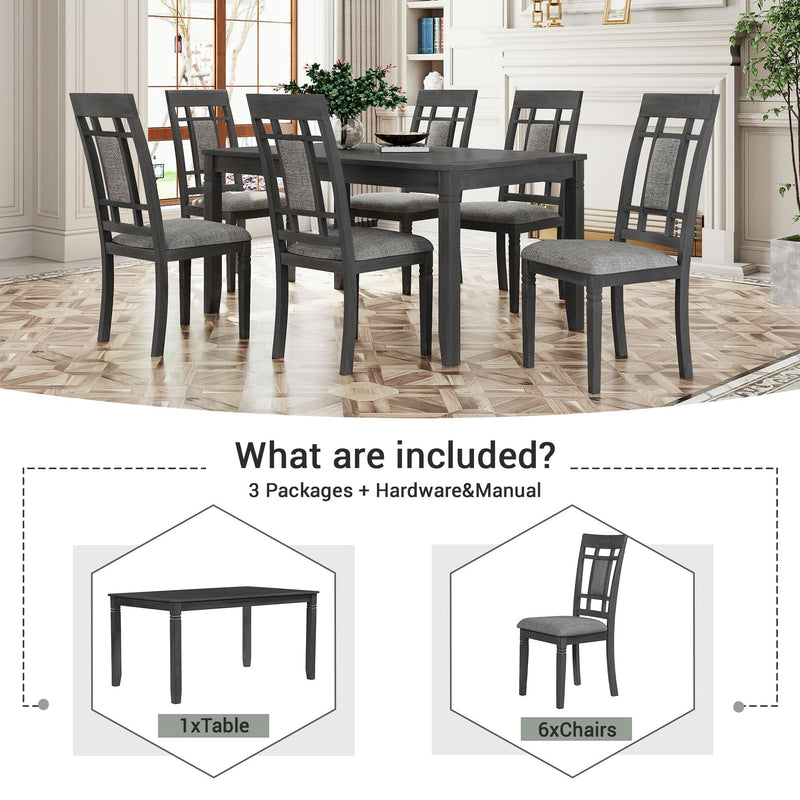 7-Piece Farmhouse Rustic Wooden Dining Table Set Kitchen Furniture Set with 6 Padded Dining Chairs, Gray - Urban Living Furniture (Los Angeles, CA)