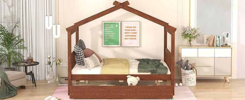 Full Size Wooden House Bed with Drawers, Walnut - Urban Living Furniture (Los Angeles, CA)