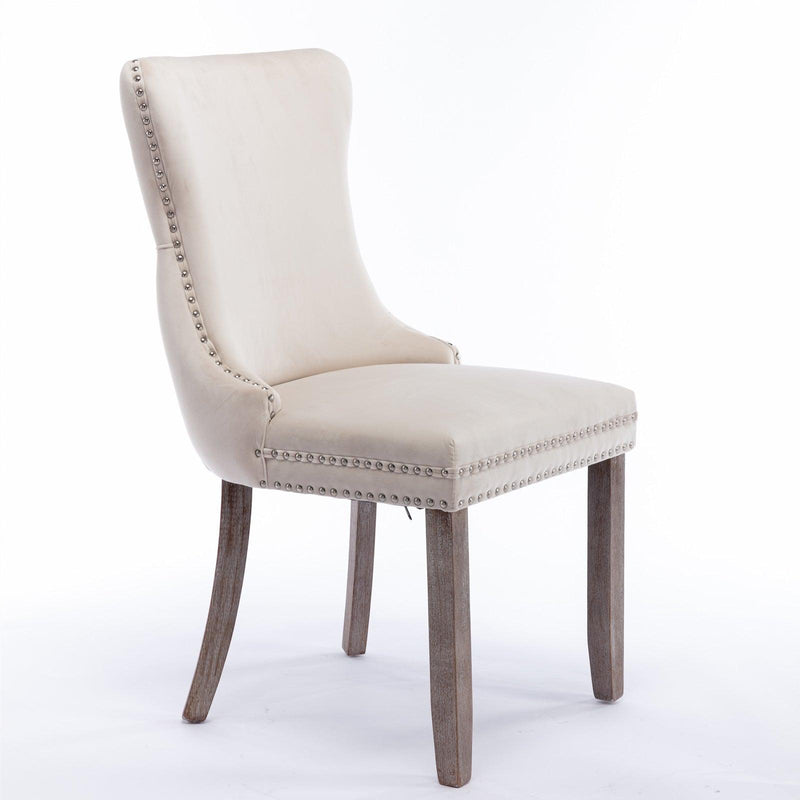 Cream Upholstered Wing-Back Dining Chair with Backstitching Nailhead Trim and Solid Wood Legs,Set of 2, Beige