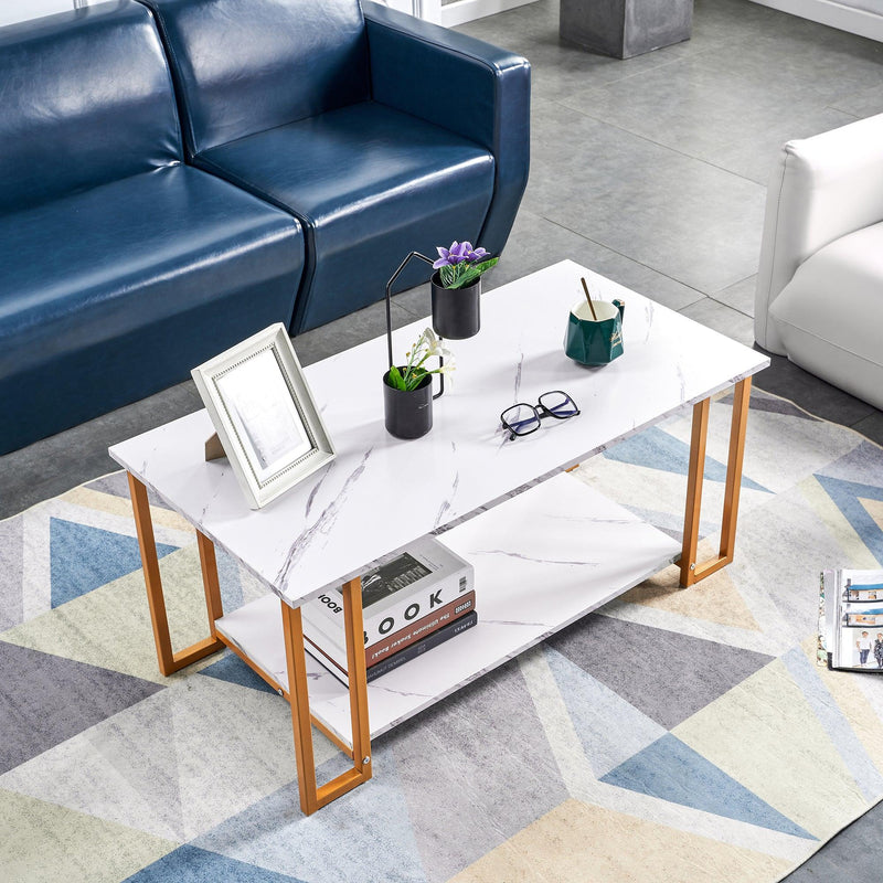 Coffee Table, 2 Layers 1.5cm Thick Marble MDF Rectangle 39.37" L Tabletop Iron Coffee Table , Dining Room, Coffee Shop, Resterant, White Top, ld Leg - Urban Living Furniture (Los Angeles, CA)