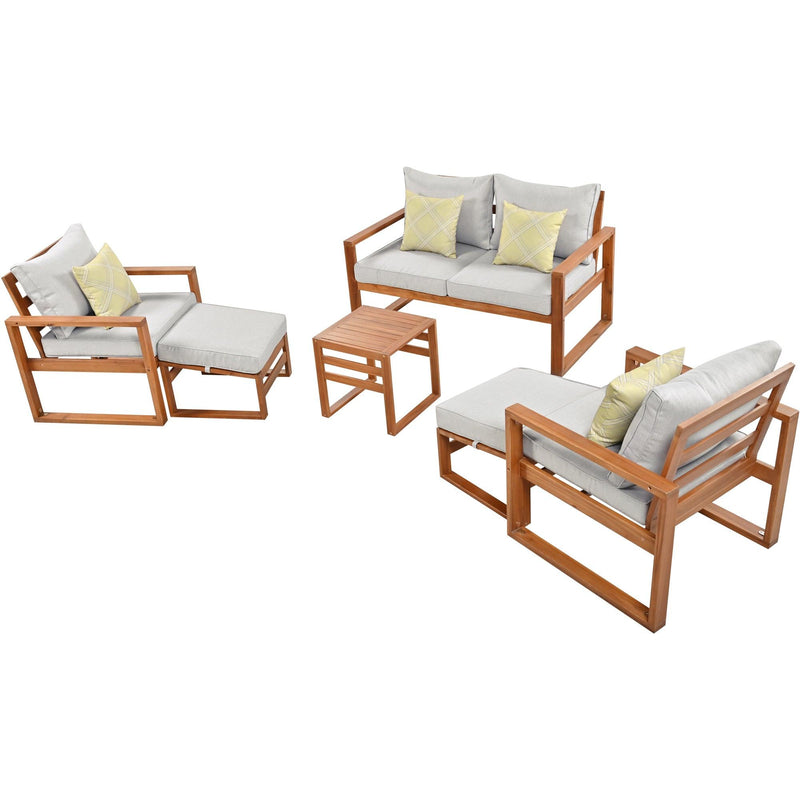 Outdoor Patio Wood 6-Piece Conversation Set, Sectional Garden Seating Groups Chat Set with Ottomans and Cushions for Backyard, Poolside, Balcony, Grey - Urban Living Furniture (Los Angeles, CA)