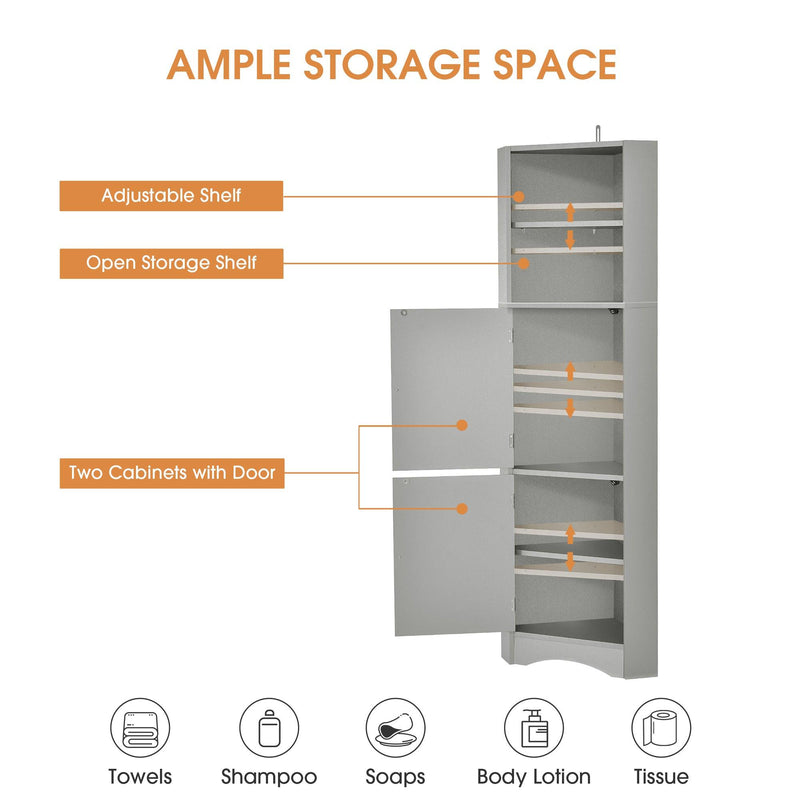 Tall Bathroom Corner Cabinet, FreestandingStorage Cabinet with Doors and Adjustable Shelves, MDF Board, Gray