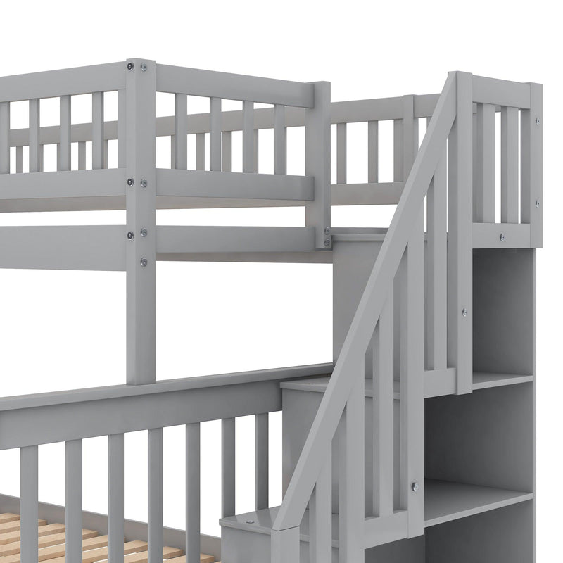 Twin over Full Stairway Bunk Bed withStorage, Gray